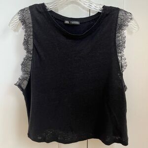 Zara black sleeveless top with lace trim